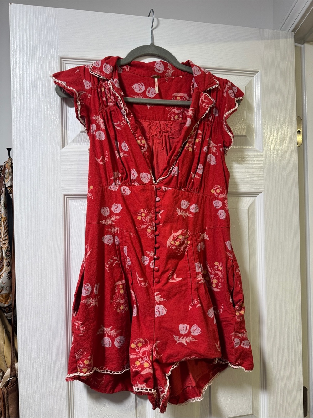 Free People romper red floral with buttons